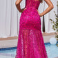 Ladivine C155 Long Glitter Floral Print Motif Sheer Bodice Fitted Gown