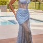 Ladivine C155 Long Glitter Floral Print Motif Sheer Bodice Fitted Gown