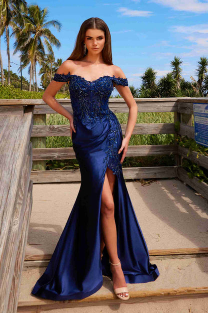Nox Anabel C1647 Satin Sweetheart Off-Shoulder Sheer Boned Bodice Dress