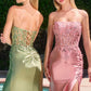 Ladivine C168 Fitted Strapless Floral Beaded Stretch Satin Gown