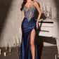 Ladivine C171 Long Sheer Corset Bodice Plunging Neckline Fitted Gown
