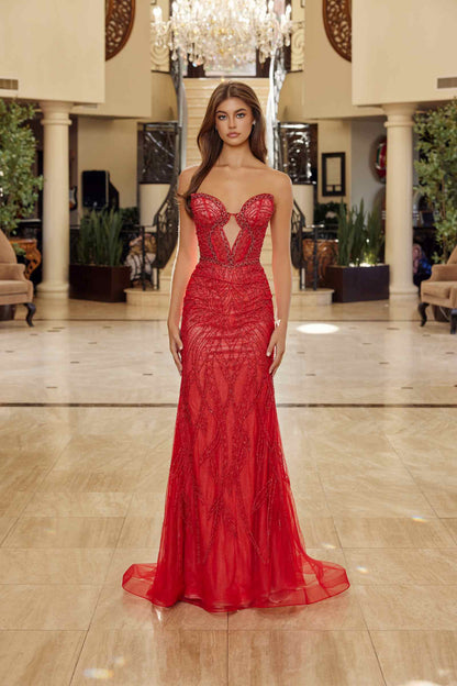 Nox Anabel C1848 Fitted Beaded Tulle Strapless Keyhole Bodice Prom Gown