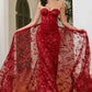 Ladivine CB046 Strapless Fitted Gown Floral Applique And Glitter Tulle Overskirt