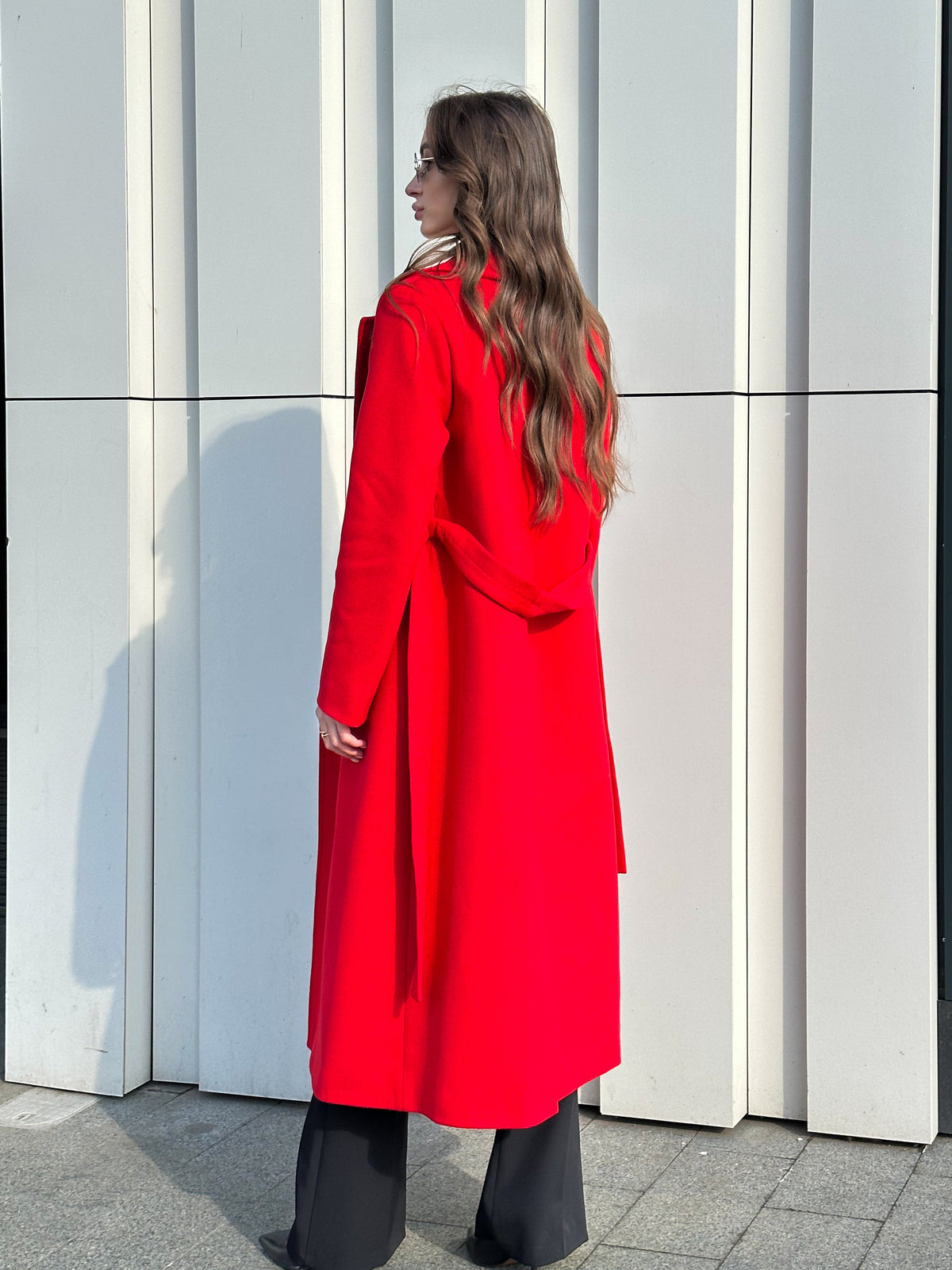 Alaska Outerwear Company Astoria red wool blend wraparound overcoat with classic silhouette