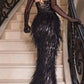 Ladivine CC2358 Long Feather Embellished Fitted Evening Gown