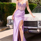 Ladivine CC408 Long Satin Fitted Gown Boned Embellished Bodice Slit