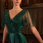 Ladivine CC447 Flutter Sleeves V-Neckline A-Line Satin Evening Gown