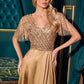 Ladivine CC447 Flutter Sleeves V-Neckline A-Line Satin Evening Gown