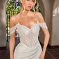 Ladivine CC456W Glitter Satin Strech Fitted Off White Evening Gown