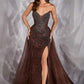 CLEARANCE - Ladivine CC492 Beaded Detachable Tulle Overskirt Fitted Mocha Gold Gown (Size 12)