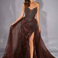 CLEARANCE - Ladivine CC492 Beaded Detachable Tulle Overskirt Fitted Mocha Gold Gown (Size 12)
