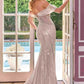 Ladivine CC505 Off Shoulder Fitted Embellished Crystal Beaded Gown