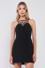 Black Slim Fit Sleeveless V-neck Front Corset Inspired Tie-up Detail Cocktail Mini Dress - Farnelli