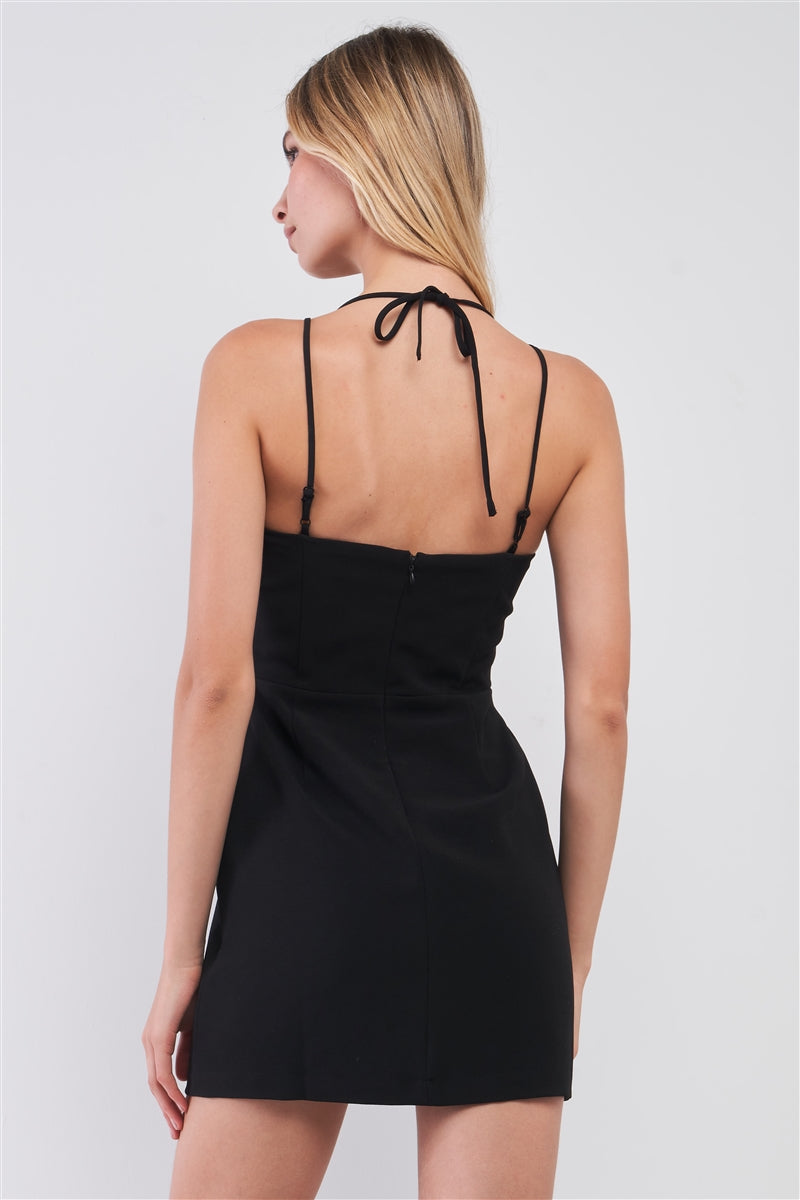 Black Slim Fit Sleeveless V-neck Front Corset Inspired Tie-up Detail Cocktail Mini Dress - Farnelli