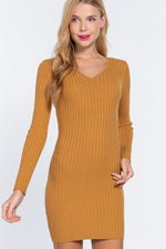 Long Slv V-neck Sweater Mini Dress - Farnelli