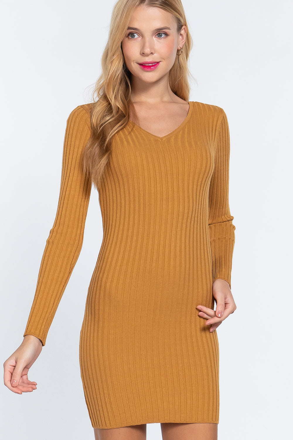 Long Slv V-neck Sweater Mini Dress - Farnelli