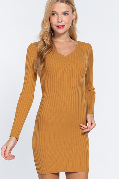 Long Slv V-neck Sweater Mini Dress - Farnelli