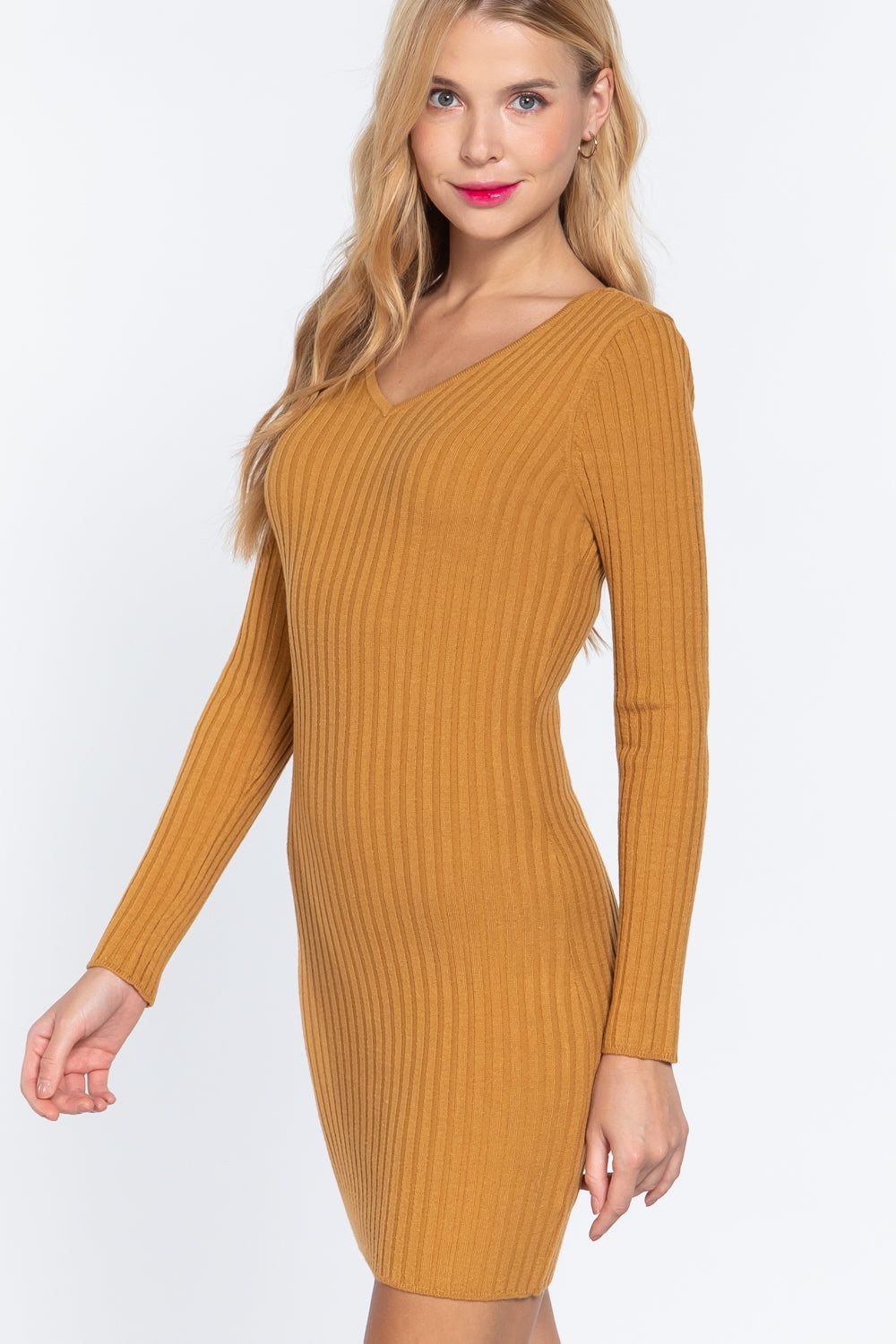Long Slv V-neck Sweater Mini Dress - Farnelli