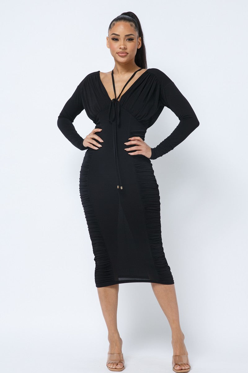 Long Sleeve Midi Dress With Low V Neck Front And Back With Ruching On Sides And Chest - Farnelli