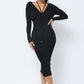 Long Sleeve Midi Dress With Low V Neck Front And Back With Ruching On Sides And Chest - Farnelli