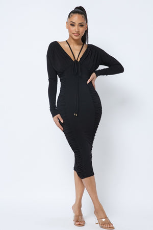 Long Sleeve Midi Dress With Low V Neck Front And Back With Ruching On Sides And Chest - Farnelli
