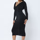 Long Sleeve Midi Dress With Low V Neck Front And Back With Ruching On Sides And Chest - Farnelli