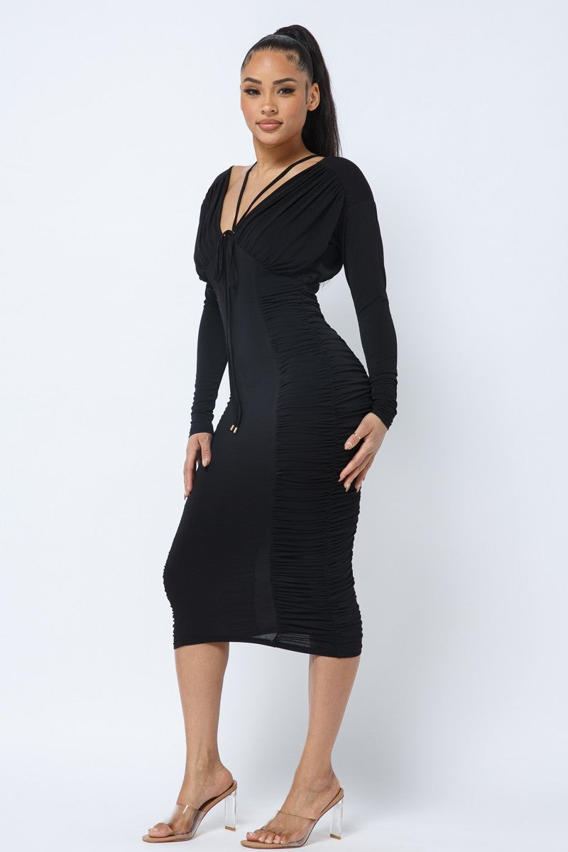 Long Sleeve Midi Dress With Low V Neck Front And Back With Ruching On Sides And Chest - Farnelli