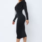 Long Sleeve Midi Dress With Low V Neck Front And Back With Ruching On Sides And Chest - Farnelli
