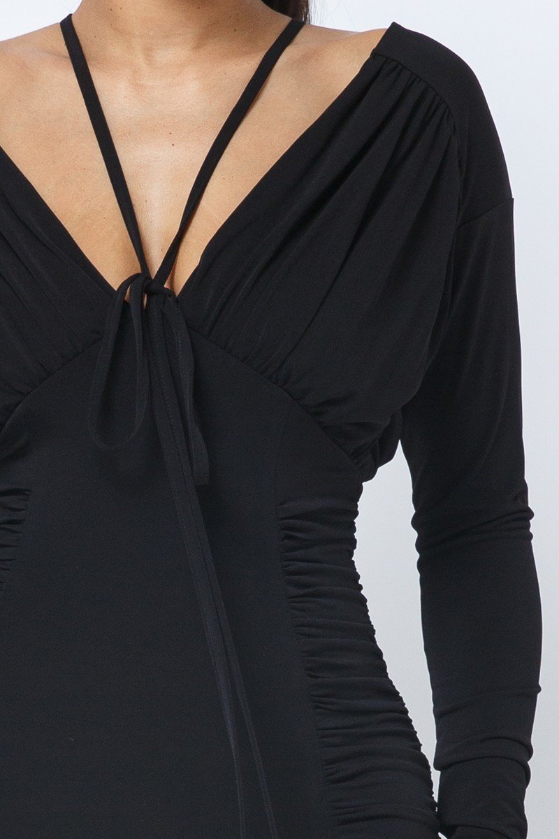 Long Sleeve Midi Dress With Low V Neck Front And Back With Ruching On Sides And Chest - Farnelli