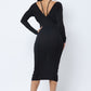 Long Sleeve Midi Dress With Low V Neck Front And Back With Ruching On Sides And Chest - Farnelli