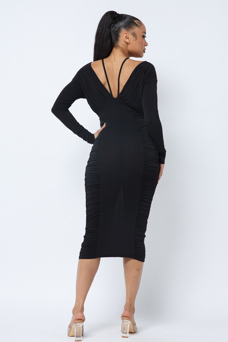 Long Sleeve Midi Dress With Low V Neck Front And Back With Ruching On Sides And Chest - Farnelli