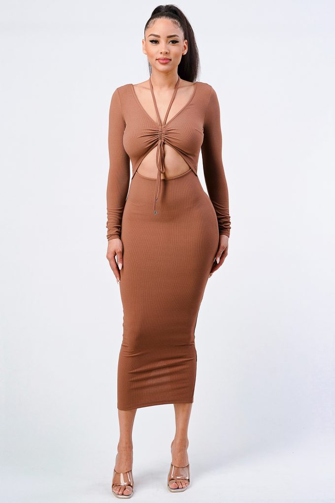 Trendy Front Shirring Cut-out Long Sleeved Dress - Farnelli