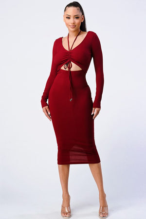 Trendy Front Shirring Cut-out Long Sleeved Dress - Farnelli