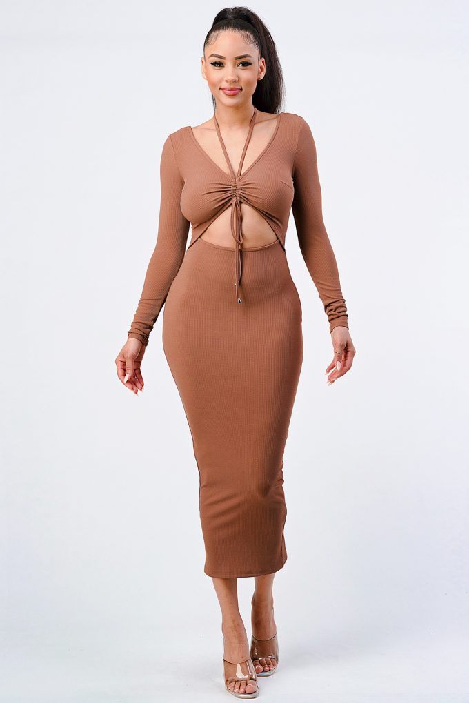 Trendy Front Shirring Cut-out Long Sleeved Dress - Farnelli