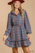 Collared neckline button down floral print dress with crochet trimmed details - Farnelli