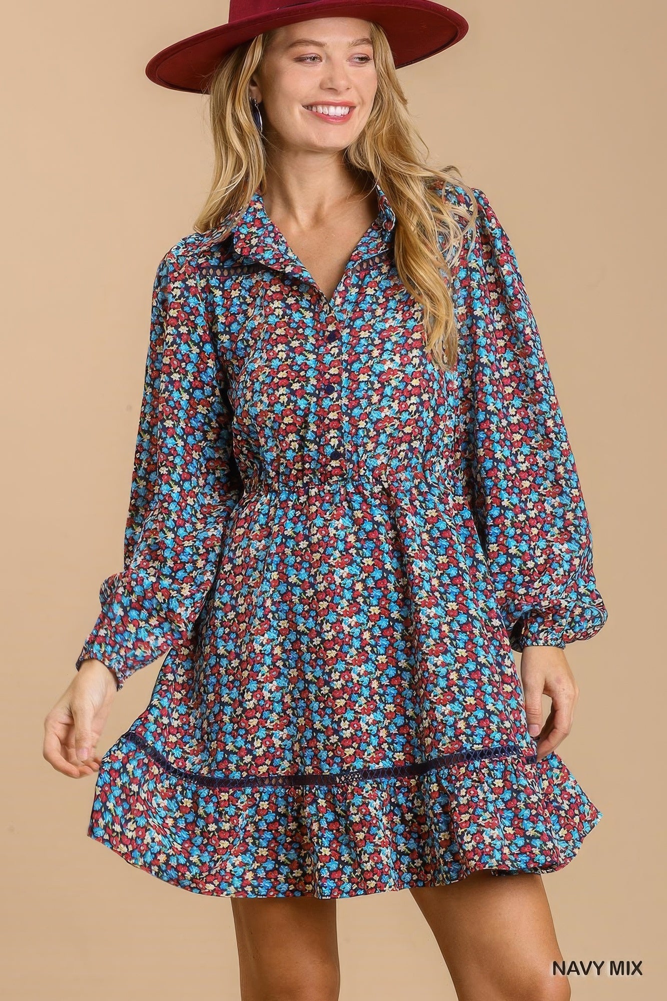 Collared neckline button down floral print dress with crochet trimmed details - Farnelli