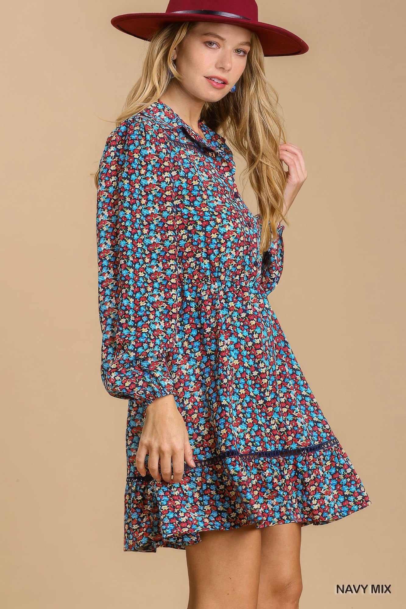 Collared neckline button down floral print dress with crochet trimmed details - Farnelli