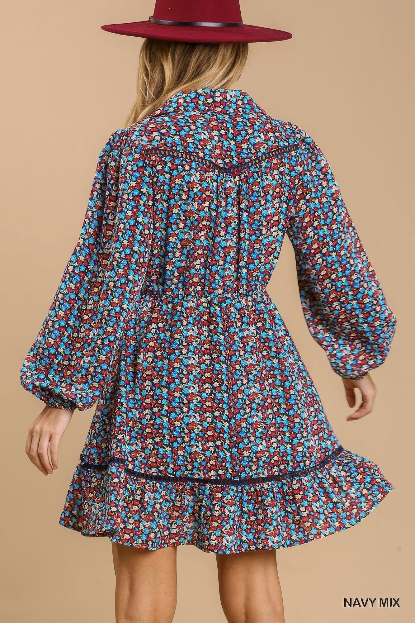 Collared neckline button down floral print dress with crochet trimmed details - Farnelli