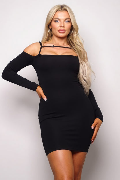 Long Sleeve Cuff Front Strap Mini Dress - Farnelli
