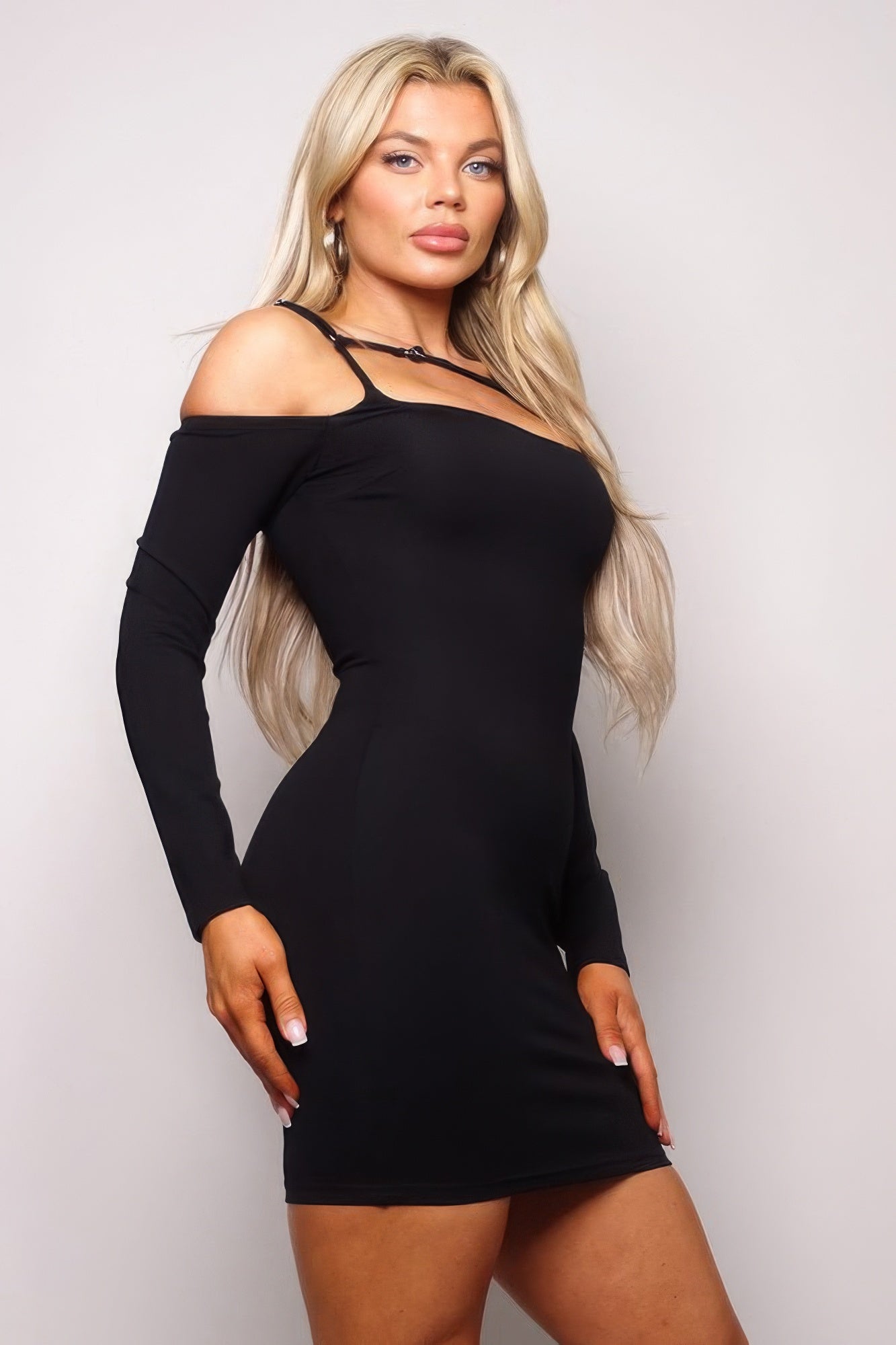 Long Sleeve Cuff Front Strap Mini Dress - Farnelli