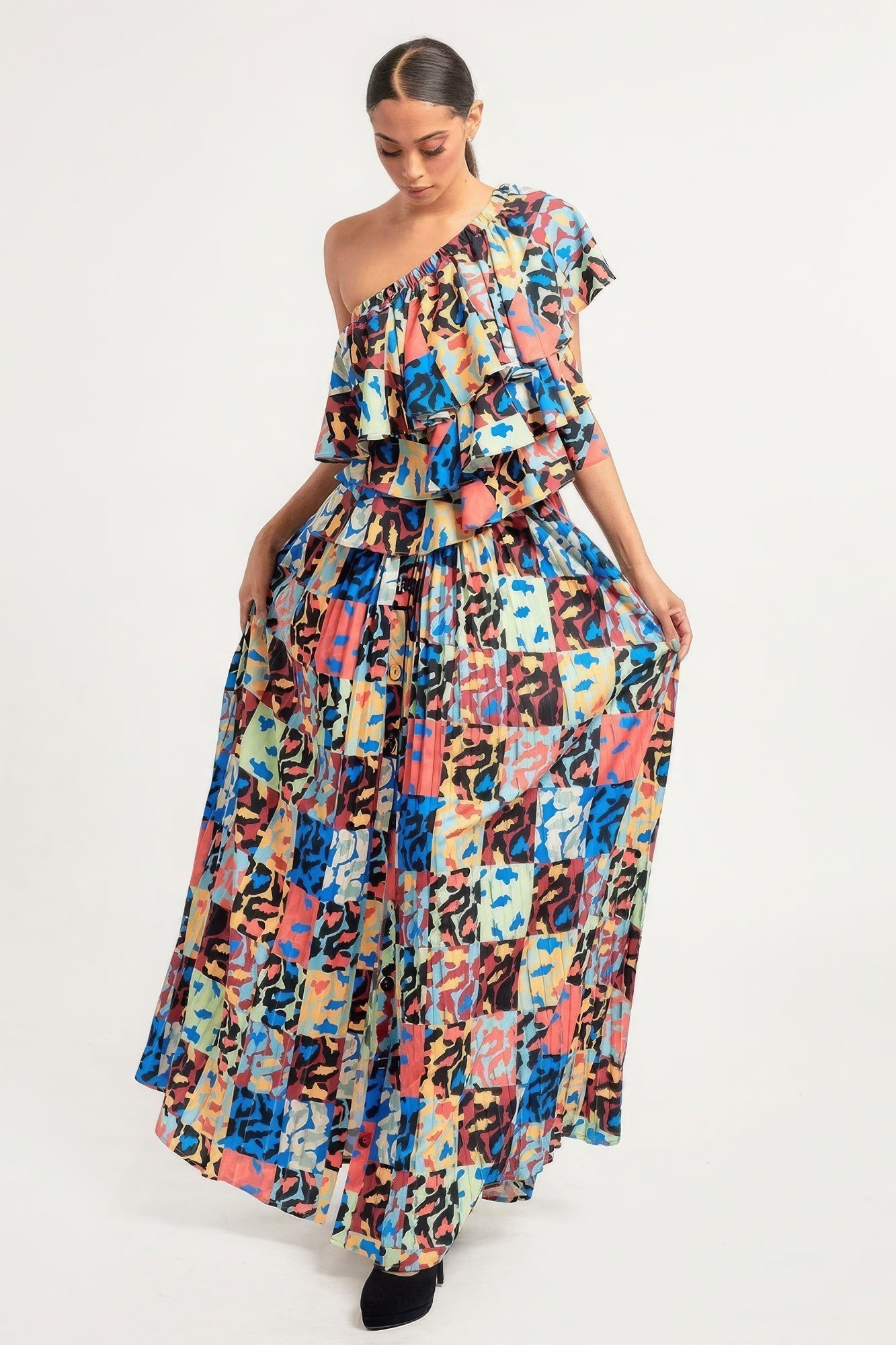 Printed Ruffle Top And Pleated Skirt Set - Farnelli