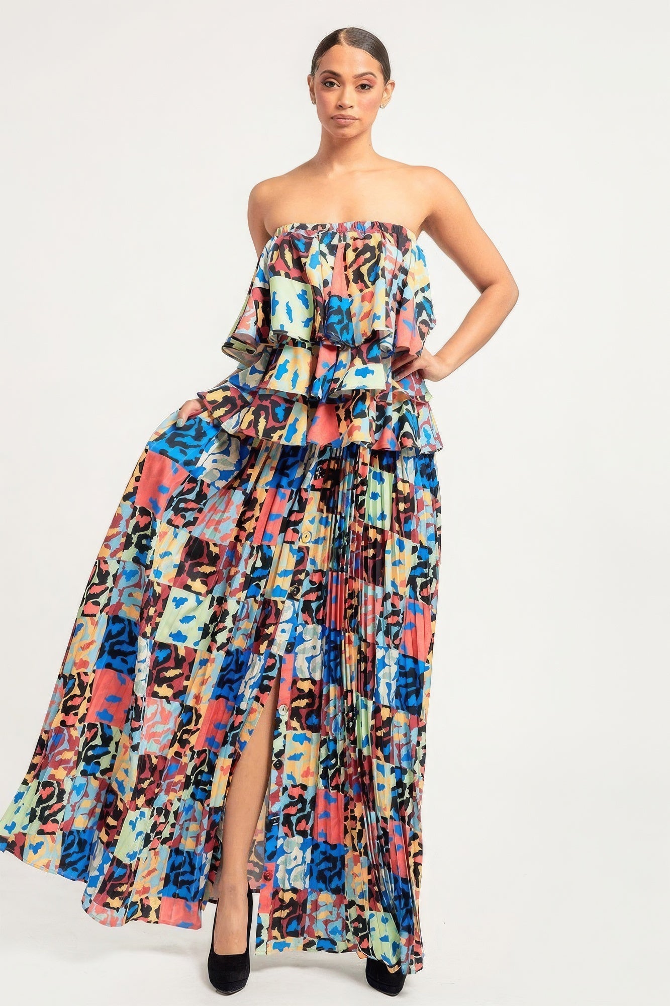 Printed Ruffle Top And Pleated Skirt Set - Farnelli