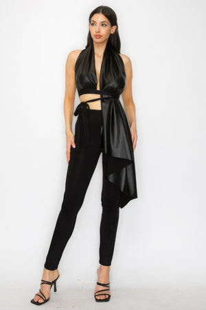 Faux Leather Top Pants Set - Farnelli