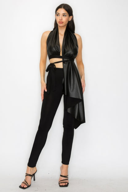 Faux Leather Top Pants Set - Farnelli