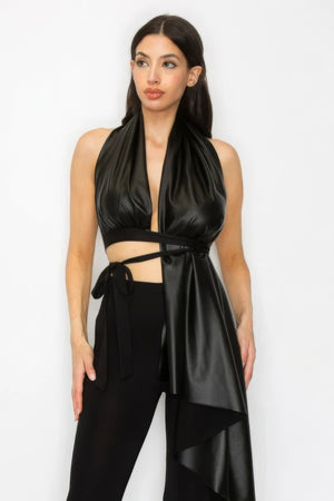 Faux Leather Top Pants Set - Farnelli
