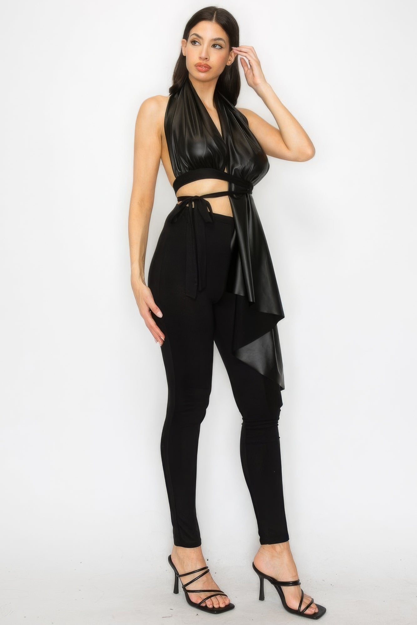 Faux Leather Top Pants Set - Farnelli