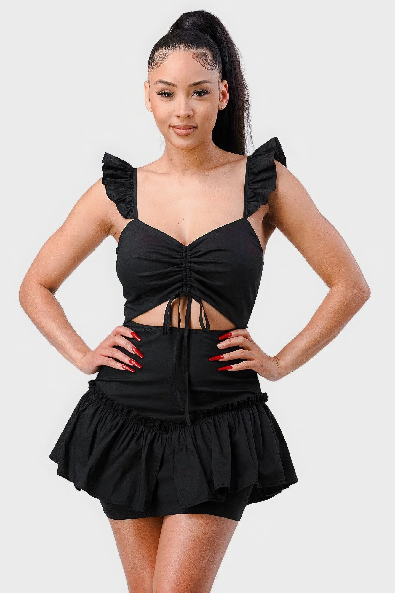 Sweetheart With Drawstring Bow Cutout Ruffled Flutter Sleeves Mini Dress - Farnelli