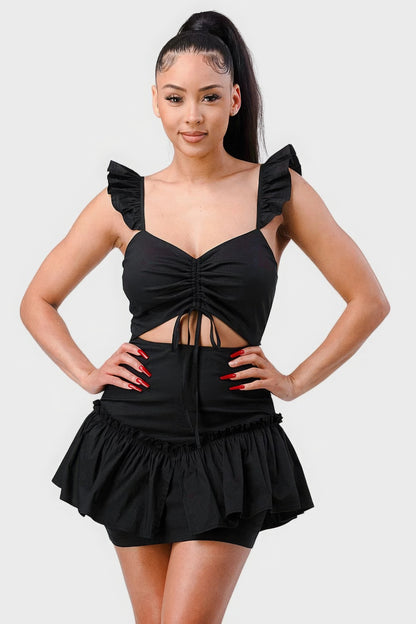 Sweetheart With Drawstring Bow Cutout Ruffled Flutter Sleeves Mini Dress - Farnelli