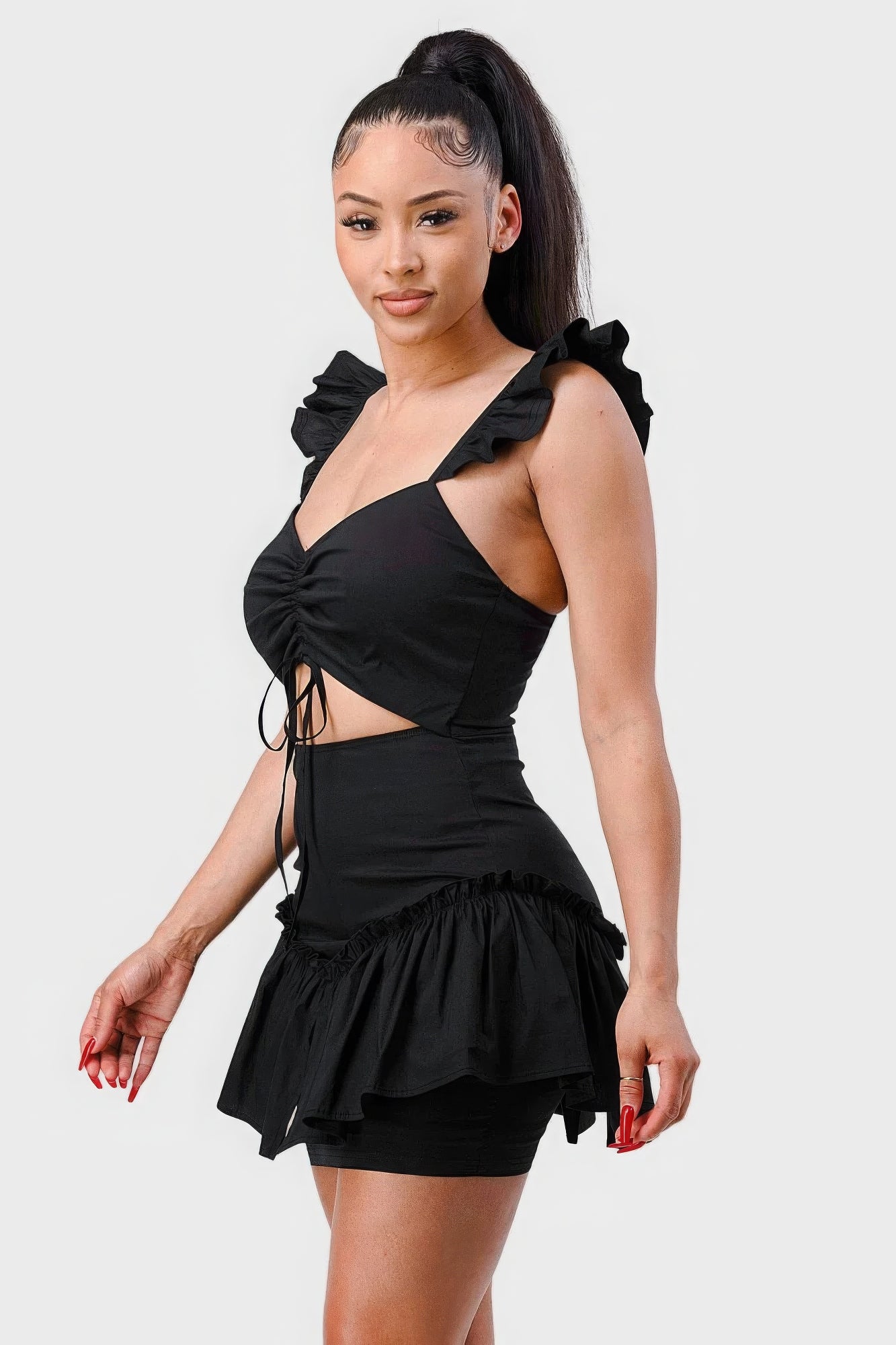 Sweetheart With Drawstring Bow Cutout Ruffled Flutter Sleeves Mini Dress - Farnelli