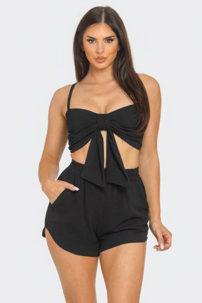 Front Oversized Bow Twisted Tie Top And Shorts Set - Farnelli
